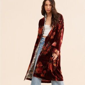 Free People Burgundy Floral Velvet Robe